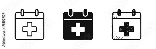 Medical appointment calendar icon set with cross, healthcare schedule symbols in thin line, solid and hand drawn
