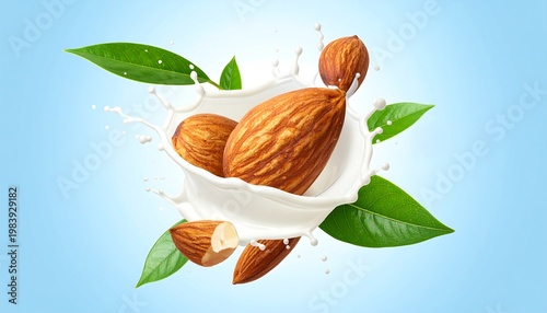 A creative illustration of almonds and milk splash with leaves