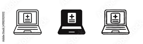 Online medical record laptop icon set, digital health history symbols in thin line, solid and hand drawn styles