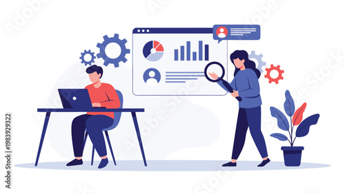 Dedicated team members analyzing business data and operations using a large magnifying glass and various gear icons.