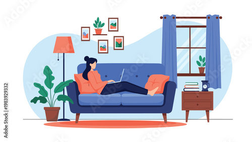 Focused woman using a laptop while lounging on a sofa in a bright living room with a window and potted plants.