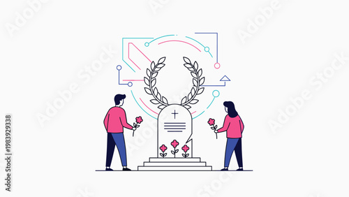 Man and woman standing by a gravestone with flowers in hand to pay their respects under a memorial laurel wreath.