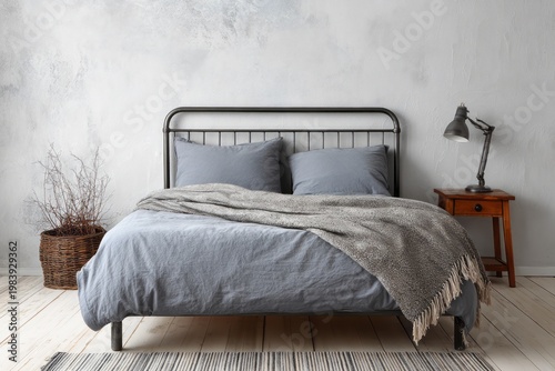 Minimalist bedroom with a metal bed frame and grey bedding.