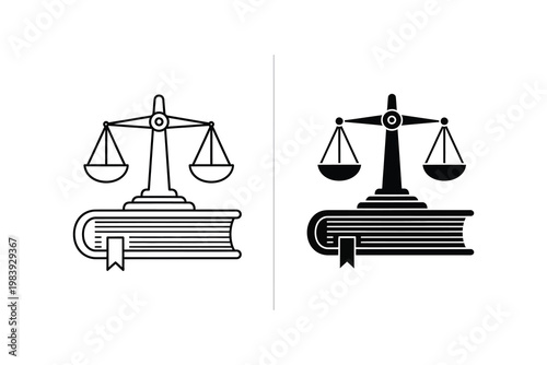Scales of justice balanced on an open book with bookmark, black and white vector illustration