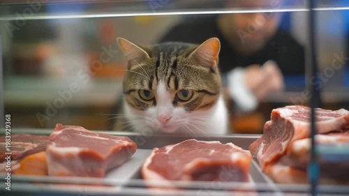 Curious cat reaching for raw meat in a butcher shop