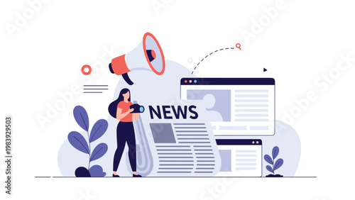 Journalist woman holding a camera next to a giant newspaper and a loud megaphone for breaking news announcements.