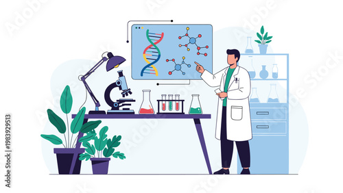 Scientist in a white lab coat pointing at dna molecular structures on a large board in a professional laboratory.