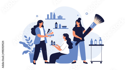 Professional makeup artists working with a client using color palettes and a large cosmetic brush in a beauty salon.