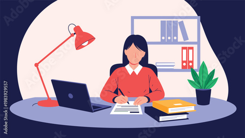 Studious woman sitting at a desk and writing notes on a paper document with a laptop and books in a quiet office.