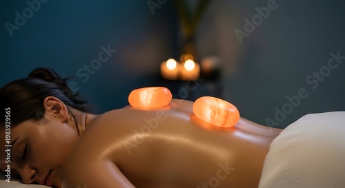 A woman on massage table with heated stones on her back, candles glow in background