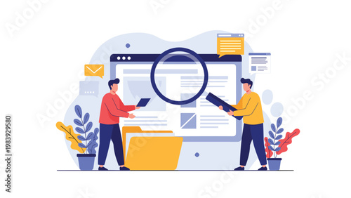 Two office workers using a giant magnifying glass to examine digital documents and folders on a large computer screen.