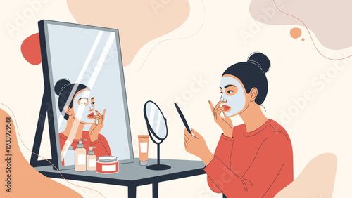 Young woman applying a white cosmetic face mask while looking at her reflection in a vanity mirror at home.