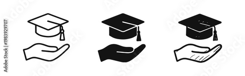 Graduation and higher education achievement icon set featuring mortarboard hat over palm of hand