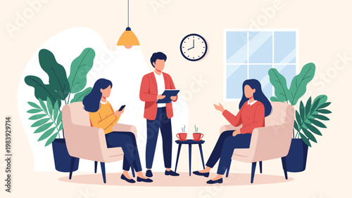 Professional team having an informal meeting in an office lounge with one person taking notes on a clipboard.