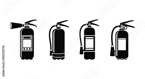 Four black fire extinguishers displayed in a simple vector silhouette