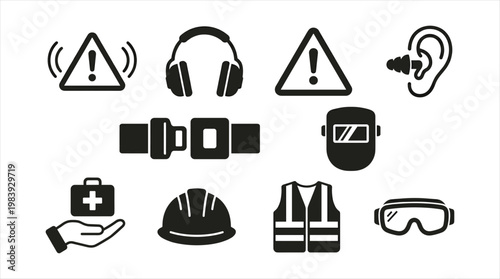 This vector illustration features essential workplace safety icons, including PPE, first aid, and hazard warning signs