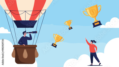 Professional businessman uses a telescope from a hot air balloon to identify and reach success goals floating in the clouds.
