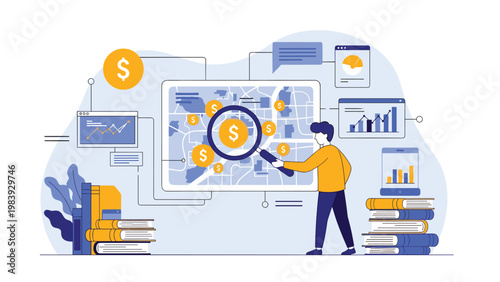 Financial analyst uses a magnifying glass over a city map to discover lucrative investment opportunities and economic trends.