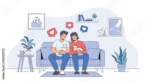 Happy young couple relaxes on a blue sofa at home while cuddling their white cats and receiving heart-shaped social media likes.