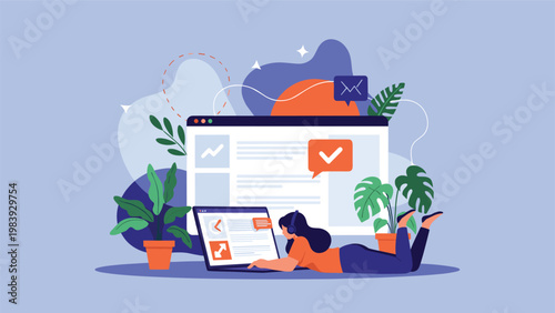 Professional woman works remotely on a laptop in a modern workspace decorated with indoor plants and large digital dashboards.