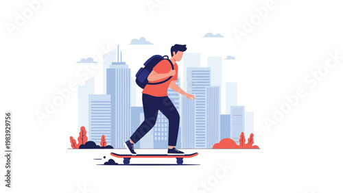 Energetic urban commuter with a backpack rides a skateboard through a modern city landscape with tall skyscrapers in background.