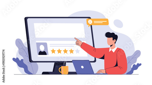 Young professional man points at a five-star customer rating on a large computer monitor to emphasize online reputation.