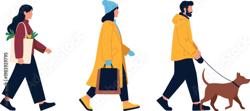 Winter Walk Illustration, Vector Design of People Walking in Jackets and Hats with a Dog in Cold Weather