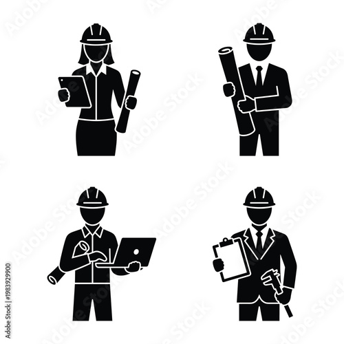 Set of engineer, architect, and construction worker icons. Professional builders in hard hats with plans, laptop, and tablet