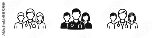 Healthcare professionals and medical team icon set representing doctors, nurses and medical staff