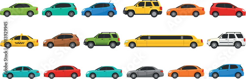 Flat colorful car collection set with various vehicle types including taxi SUV sedan limousine hatchback isolated on background