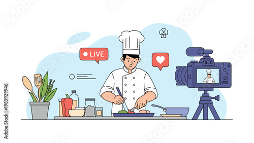 Professional chef demonstrates culinary skills in a kitchen while being recorded by a high-definition camera for a live stream.