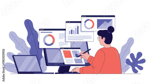 Data scientist manages multiple information streams on a large computer screen using a digital stylus for precise navigation.