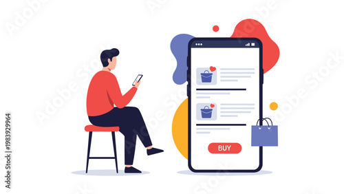 Modern consumer relaxes on a stool while using a smartphone to purchase items from an online retail mobile application.