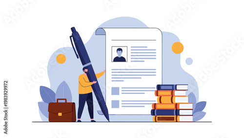 Ambitious job seeker stands next to a giant pen and a professional curriculum vitae to prepare for a successful career move.