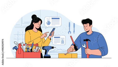 Technical support specialist uses a smartphone app to provide guidance for home repairs and tool usage in a modern workshop.