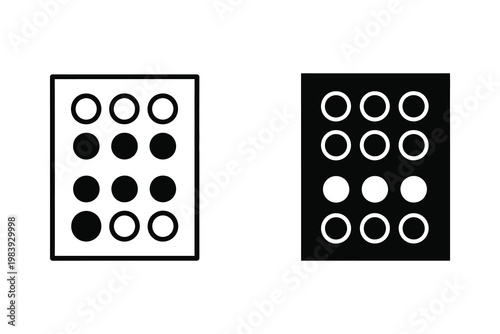 Braille alphabet card with raised dots for blind people, vector illustration in two styles
