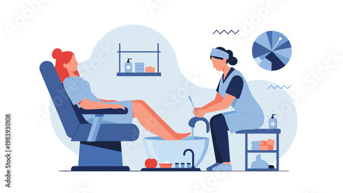 Relaxing spa professional performs a rejuvenating pedicure treatment for a client in a comfortable and tranquil wellness salon.