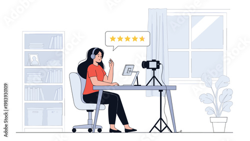 Digital influencer records a product review at her home studio while receiving positive five-star ratings from her online audience.