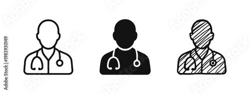 Professional doctor icon set featuring male physician avatar with stethoscope in various styles