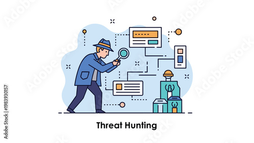 Cyber security investigator conducts a threat hunting operation by examining digital connections with a magnifying glass.