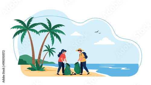Environmental activists volunteer to pick up trash on a tropical beach to protect marine life and maintain coastal beauty.