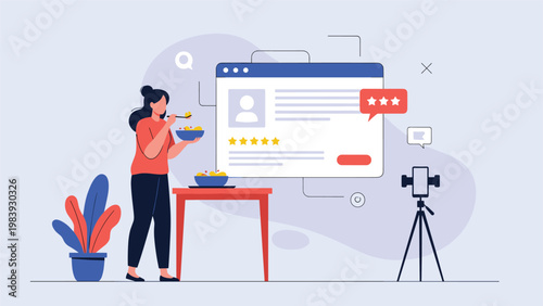 Popular food blogger eating a meal while being recorded by a camera on a tripod for a review video with a star rating interface behind her.