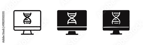 Genetic data analysis on computer monitor icon set for bioinformatics and DNA research