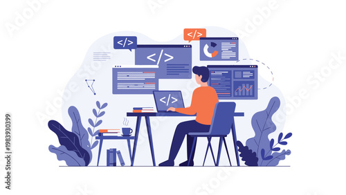 Skilled programmer coding at a desk while using a laptop and multiple monitors displaying lines of source code in a modern workspace.