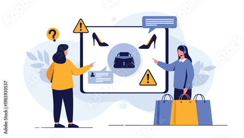 Two professional women pointing at a digital screen displaying handbags, shoes, and warning symbols during a product quality inspection.