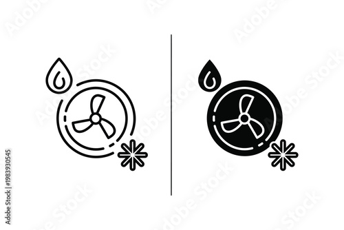 Fan with droplet and snowflake icons, representing cooling and dehumidifying functions, flat design vector illustration