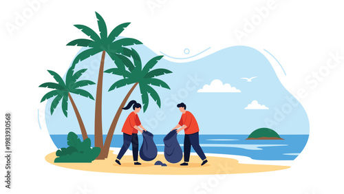 Environmentally conscious man and woman picking up plastic waste on a tropical beach with palm trees to protect the ocean ecosystem.