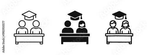 Education and learning icon set with students at desk and graduation cap symbol