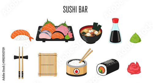 A collection of Japanese sushi bar food items and utensils on a white background