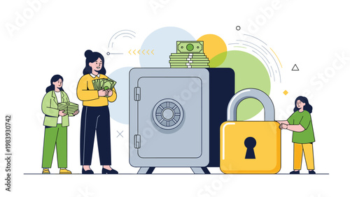 Three people managing wealth near a large grey metal safe and a giant yellow padlock with stacks of paper money and dollar bills.